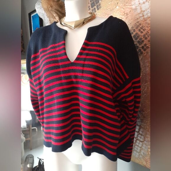 Massimo Dutti Cotton Blend Navy and Red Striped Sweater - Picture 8 of 13
